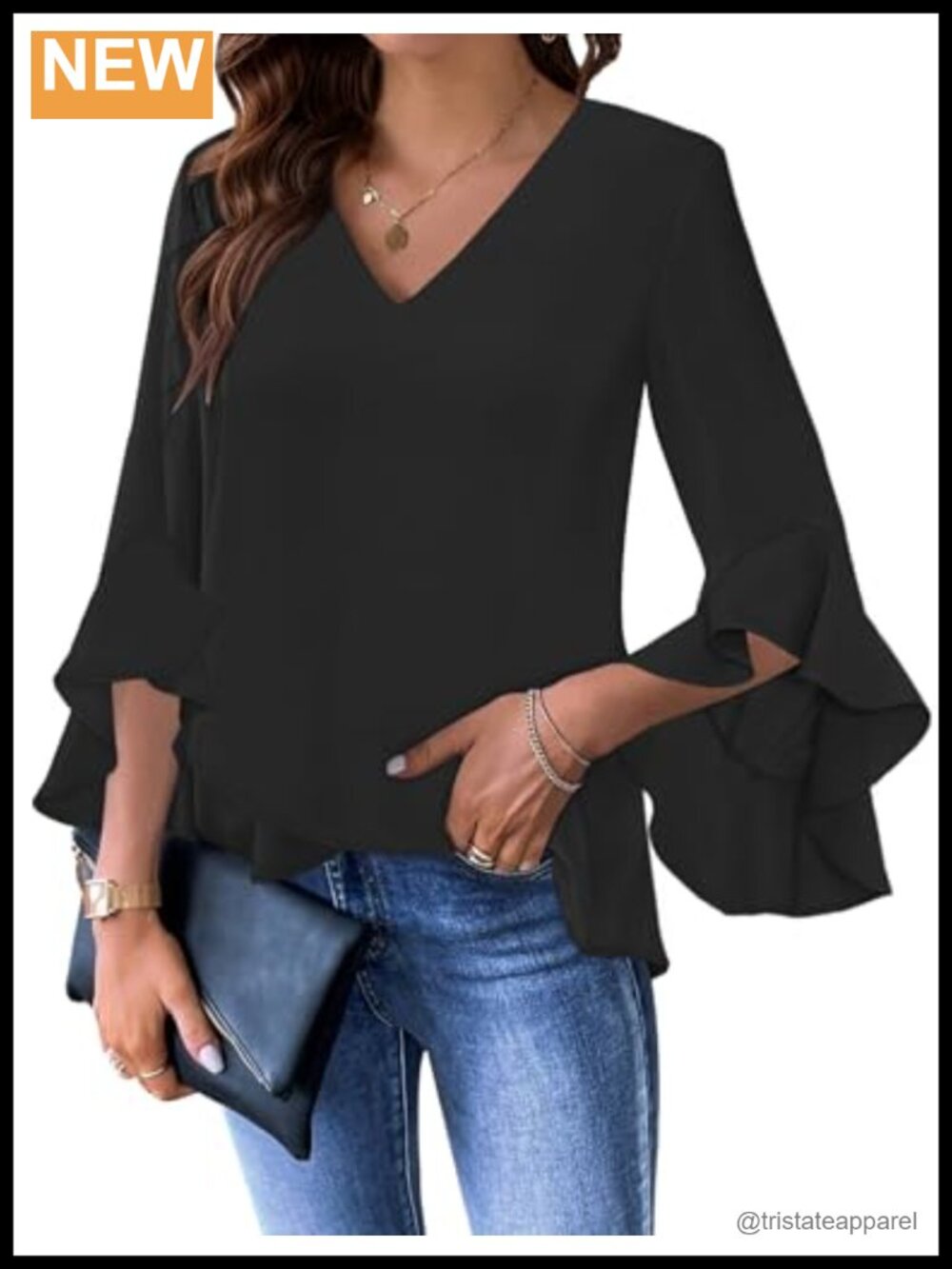 Women's Ruffle Sleeve Blouse V Neck 3/4 Sleeve Business Casual Top Polyester